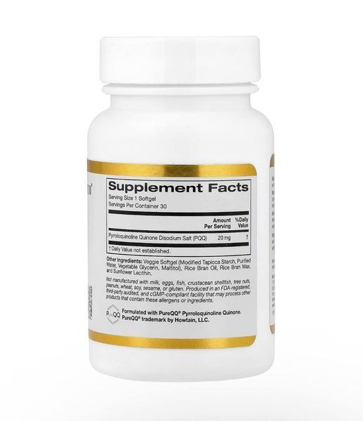 PQQ 20 мг California Gold Nutrition - піролохінолінхінон для підтримки мітохондріальної функції та клітинної енергії, 30 капсул CGN-01291 фото