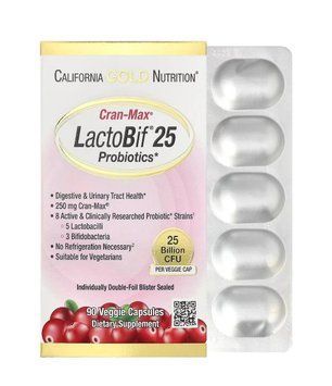 Пробіотики 25 млрд КУО з журавлиною CranMax&reg; LactoBif&reg; California Gold Nutrition, 90 капсул CGN-10005 фото