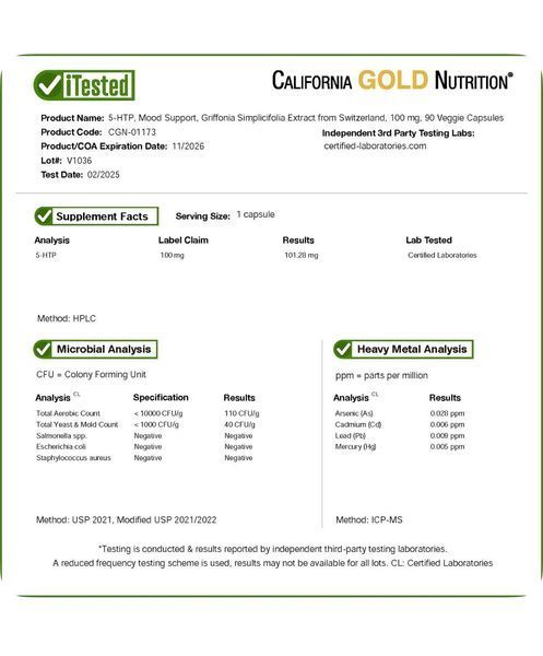 5-HTP (5-гідрокситриптофан) 100 мг California Gold Nutrition, 90 вегетаріанських капсул CGN-01173 фото