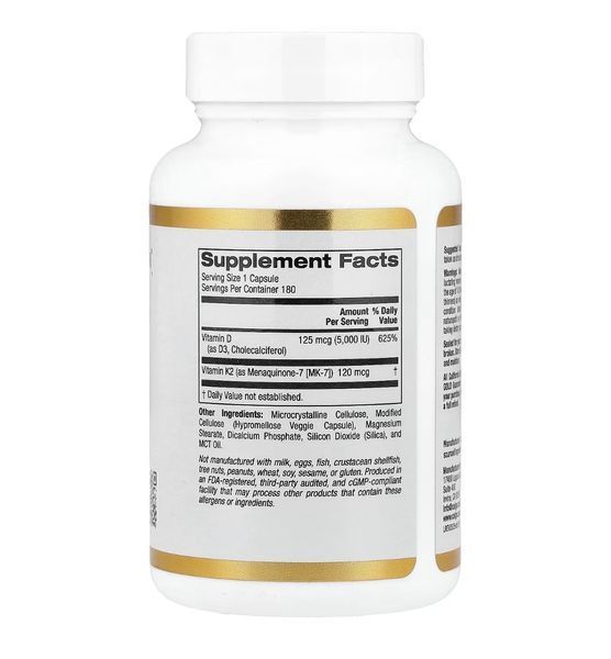 California Gold Nutrition, витамины Д3 и К2, 180 растительных капсул CGN-02333 фото