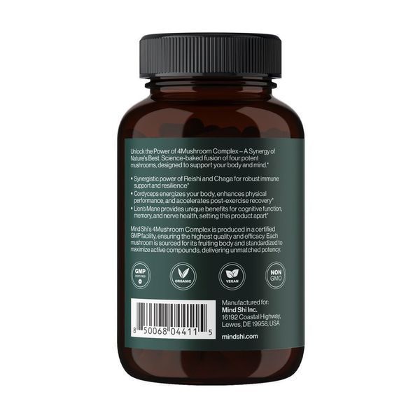 Mind Shi, 4Mushroom Complex (Їжовик гребінчастий, Кордицепс, Чагу та Рейші) 1000 mg, 60 капсул 2023-10-4390 фото