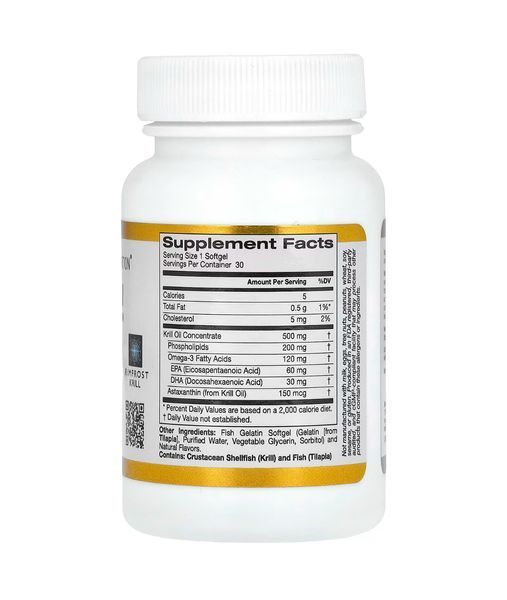 California Gold Nutrition, жир антарктичного крилю, комплекс фосфоліпідів омега-3 з астаксантином, з натуральним смаком полуниці та лимона, 500 мг, 30 капсул із риб&rsquo;ячого желатину CGN-01100 фото