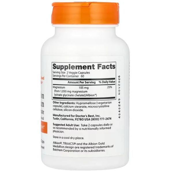 Магний лизинат-глицинат 105 мг, High Absorption Magnesium Doctor's Best, 120 вегетарианских капсул 753950005655 фото