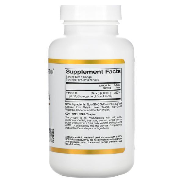 California Gold Nutrition, вітамін Д3, 50 мкг (2000 МО), 360 капсул із риб&rsquo;ячого желатину CGN-01180 фото