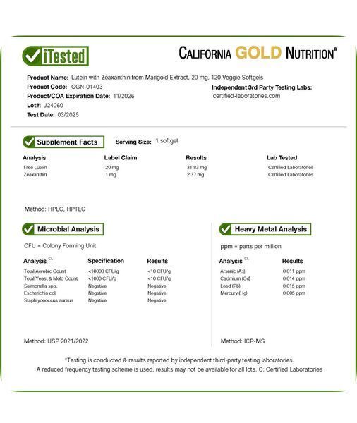 Лютеин с зеаксантином из экстракта бархатцев, California Gold Nutrition, 120 растительных капсул CGN-01403 фото